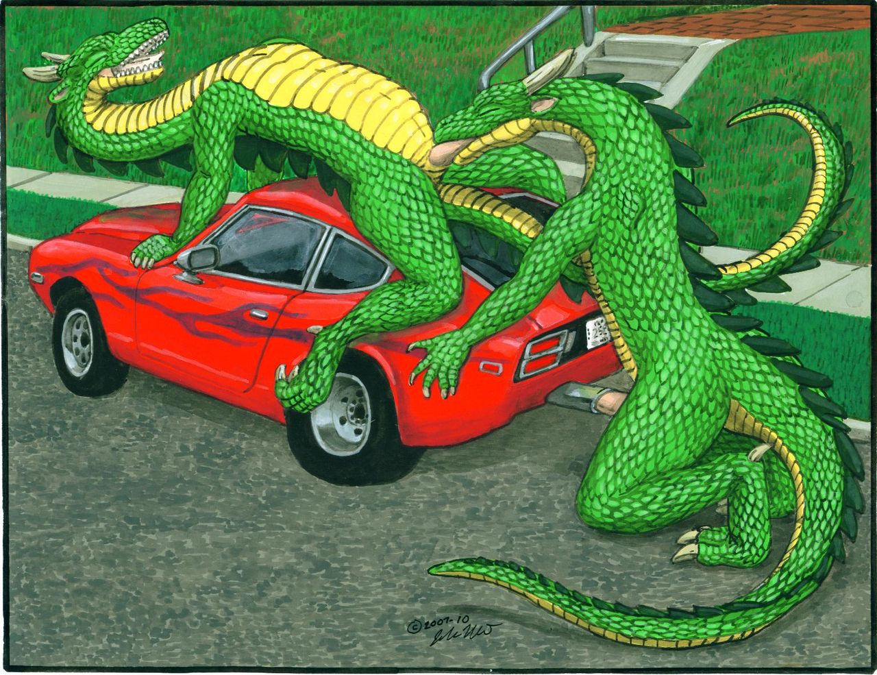 Dragons having sex with cars